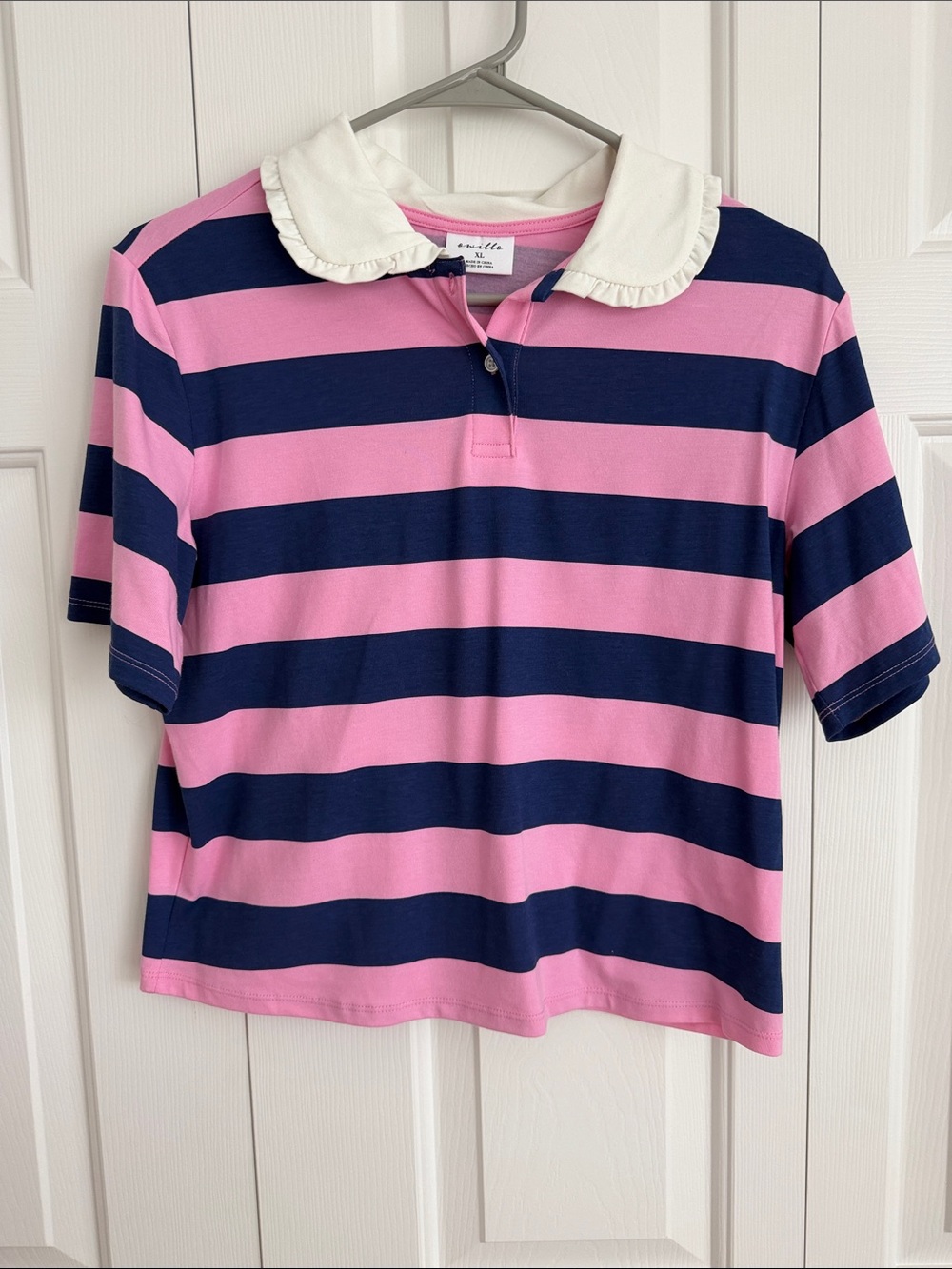 Girls' Striped Polo Top with Ruffle Collar - Pink & Navy